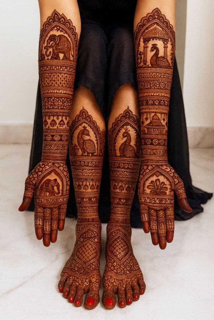 Full-arm heavy royal bridal mehndi with portraits, intricate peacock motifs, traditional domes, ornamental jewelry patterns, jaali detailing, and elegant bridal foot mehndi for a grand Indian wedding,