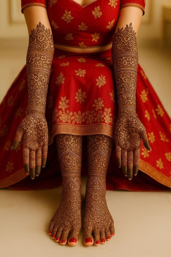 Heavy full-hand bridal mehndi with paisleys, floral motifs, jaali patterns, and fine detailing extending from fingertips to forearm.
