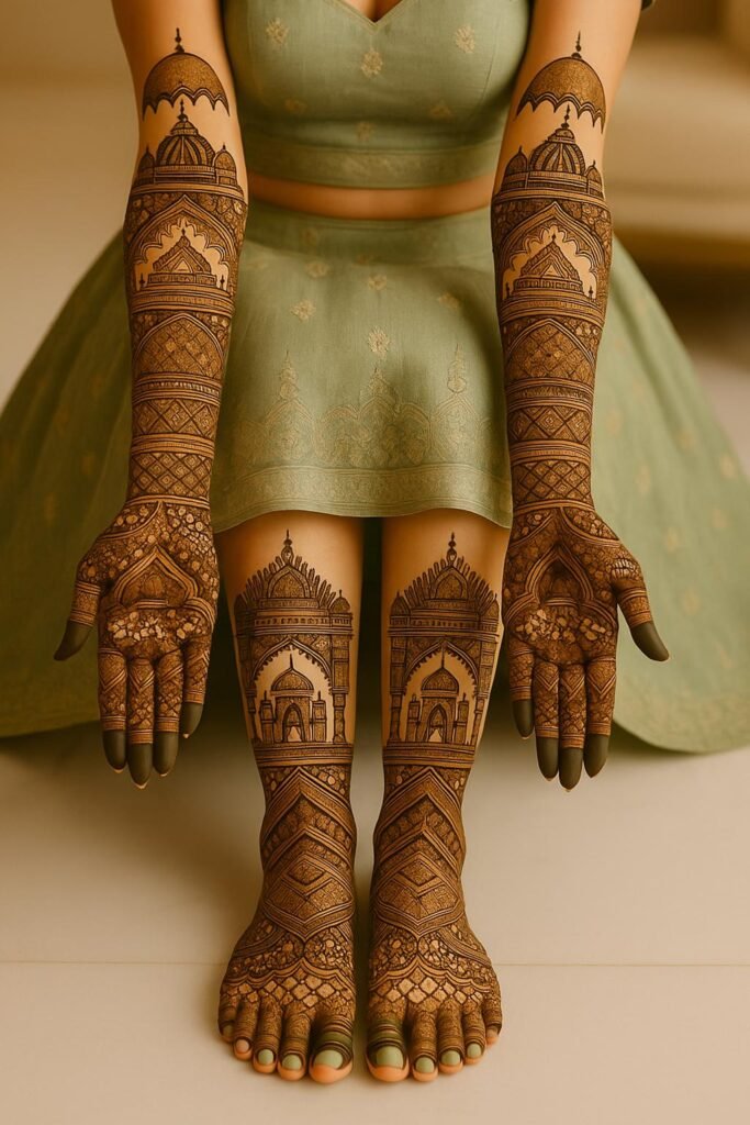 Full-arm heavy royal bridal mehndi with portraits, intricate peacock motifs, traditional domes, ornamental jewelry patterns, jaali detailing, and elegant bridal foot mehndi for a grand Indian wedding