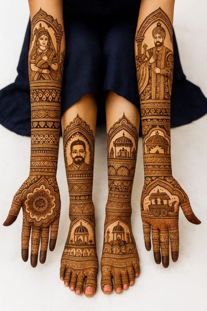 Full-arm heavy royal bridal mehndi with portraits, intricate peacock motifs, traditional domes, ornamental jewelry patterns, jaali detailing, and elegant bridal foot mehndi for a grand Indian wedding
