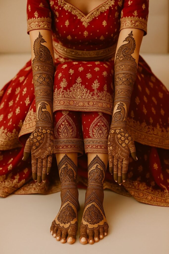 Heavy full-hand bridal mehndi with paisleys, floral motifs, jaali patterns, and fine detailing extending from fingertips to forearm.