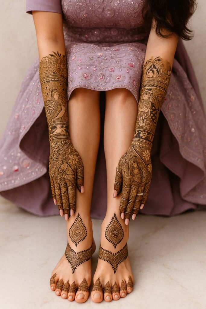 Heavy royal bridal mehndi featuring bride and groom portraits, peacocks, jaali patterns, domes, jewelry motifs, and dense full-arm detailing with elegantly designed feet for a majestic wedding look