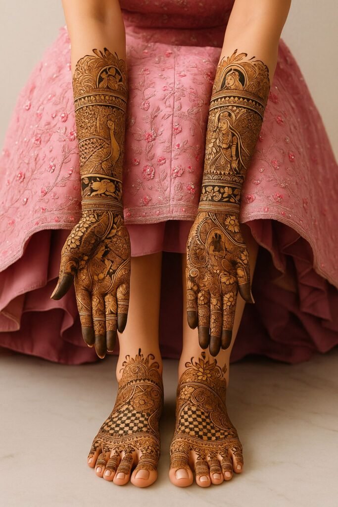 Full-arm heavy royal bridal mehndi with portraits, intricate peacock motifs, traditional domes, ornamental jewelry patterns, jaali detailing, and elegant bridal foot mehndi for a grand Indian wedding