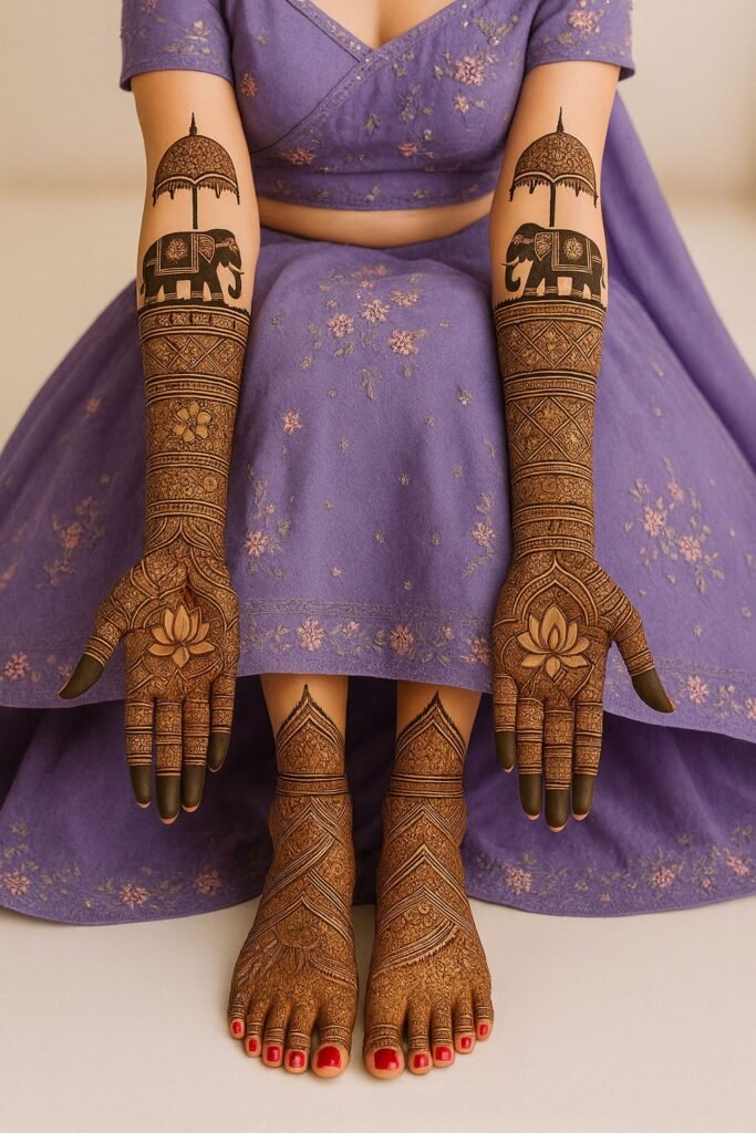 Full-arm heavy royal bridal mehndi with portraits, intricate peacock motifs, traditional domes, ornamental jewelry patterns, jaali detailing, and elegant bridal foot mehndi for a grand Indian wedding