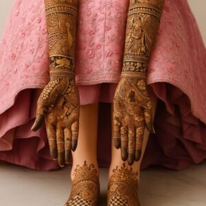 Floral Peacock & Jaali heavy bridal full arm mehndi with intricate peacock, floral, and jaali patterns.