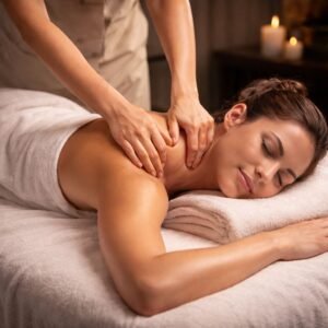Deep tissue full body massage at home with therapist applying firm pressure on back muscles